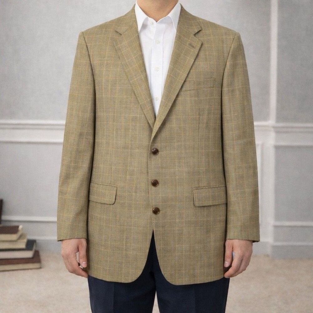 Vintage Brooks Brothers 3 Button Sport Coat 44L Brown Tan Plaid Wool Blazer